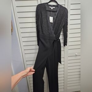 NWT Diane Von Furstenberg Classic Black with Lace Jumpsuit Size 8